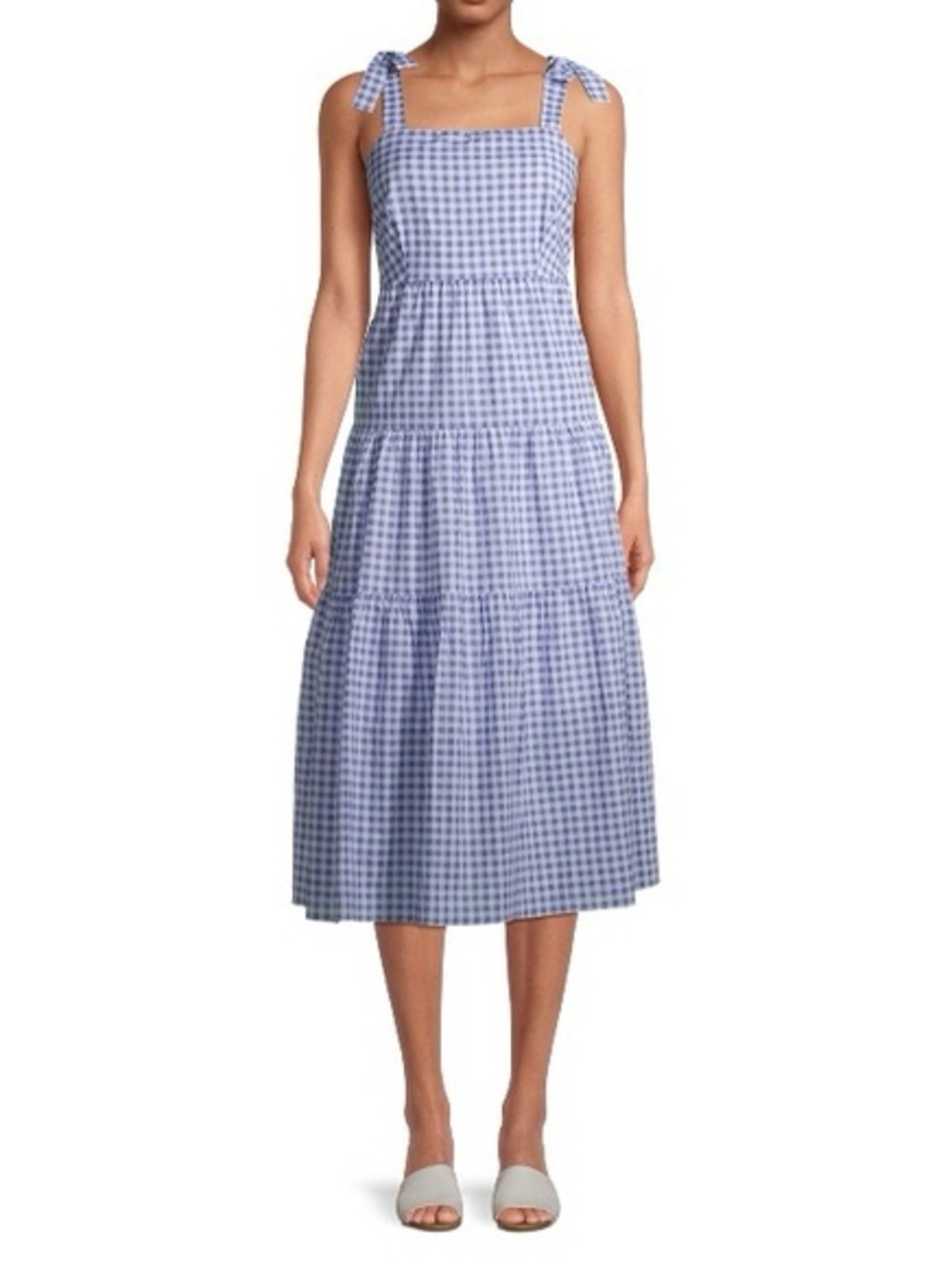 Time and Tru Blue Gingham Tie-Shoulder Midi Dress